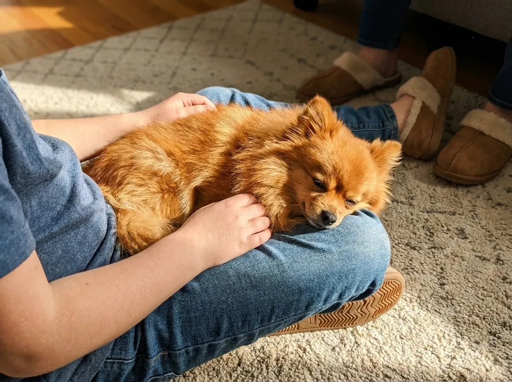 A calm Pomeranian asleep in a child's lap on the living room rug