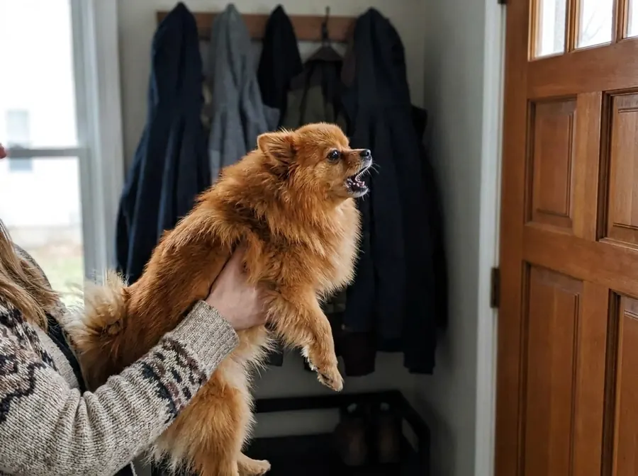 A woman picking up her barking Pomeranian at the front door