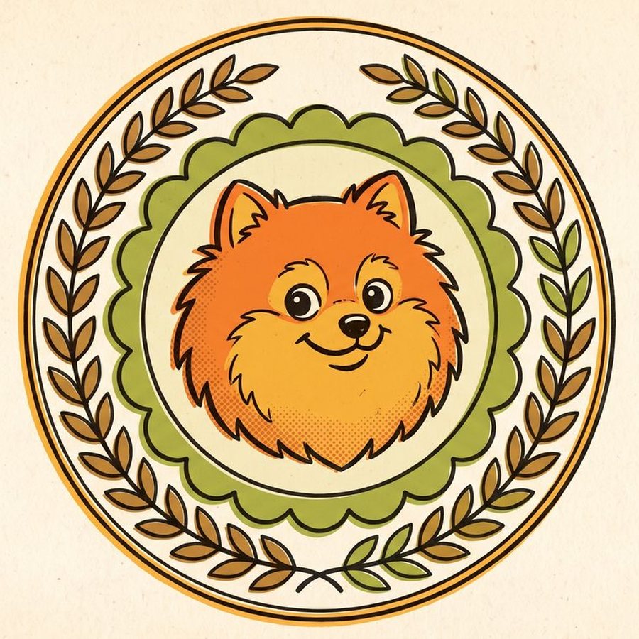 A guarantee seal with a Pomeranian at its centre