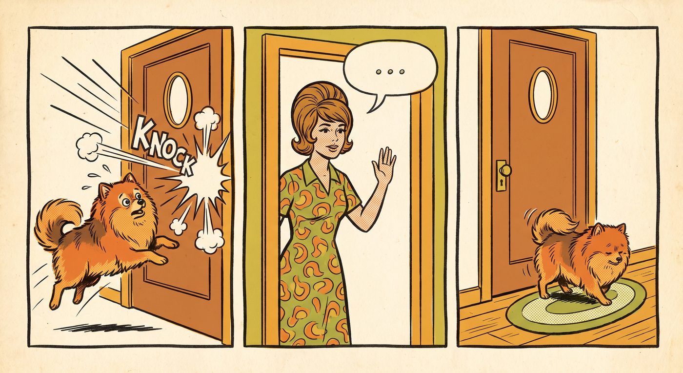 Three panels: the knock, the one calm cue, the dog settling on her mat