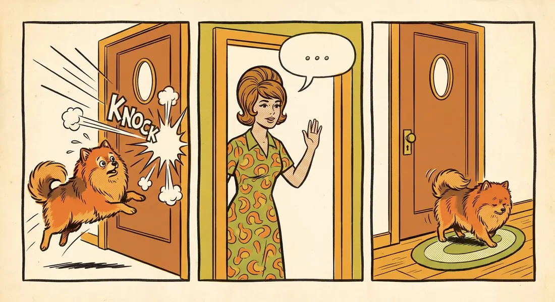 Three panels: the knock, the one calm cue, the dog settling on her mat
