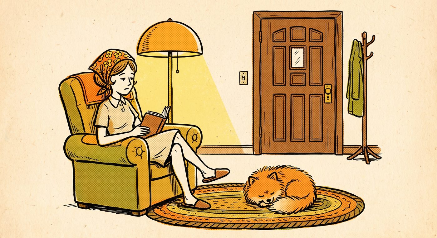 An evening living room with the dog asleep on the rug and the door quiet