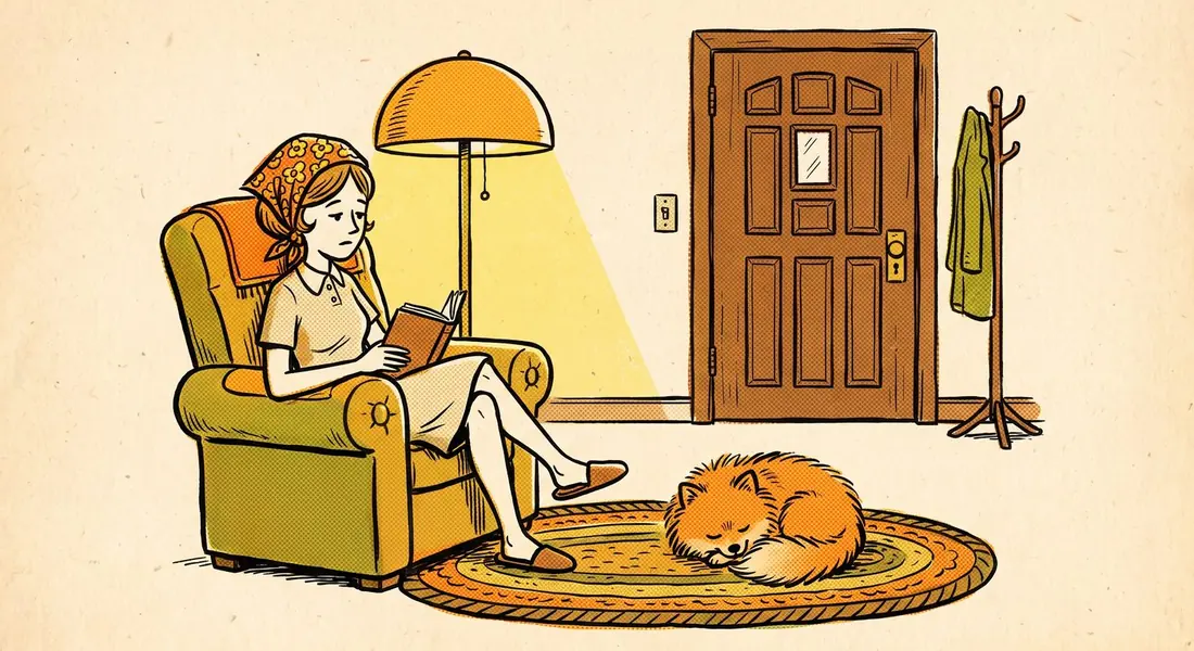 An evening living room with the dog asleep on the rug and the door quiet