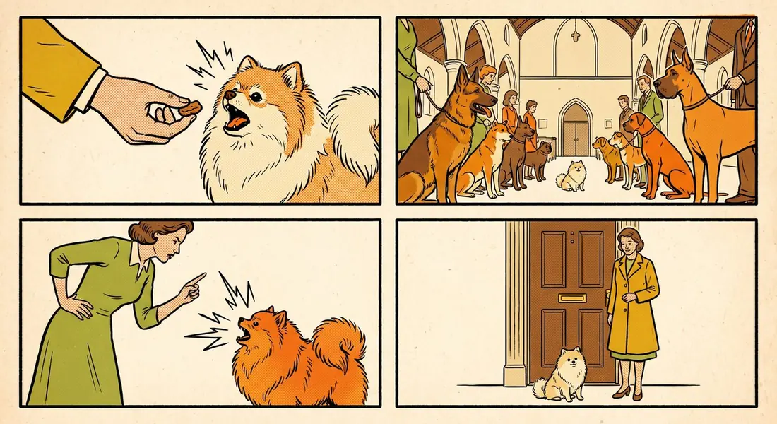 Four panels: the treat, the group class, the raised voice, and the calm door