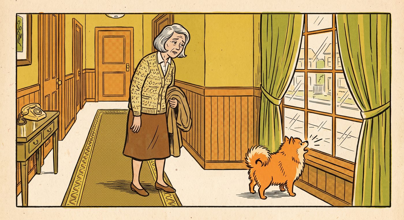 A woman in a hallway looking back at her barking Pomeranian