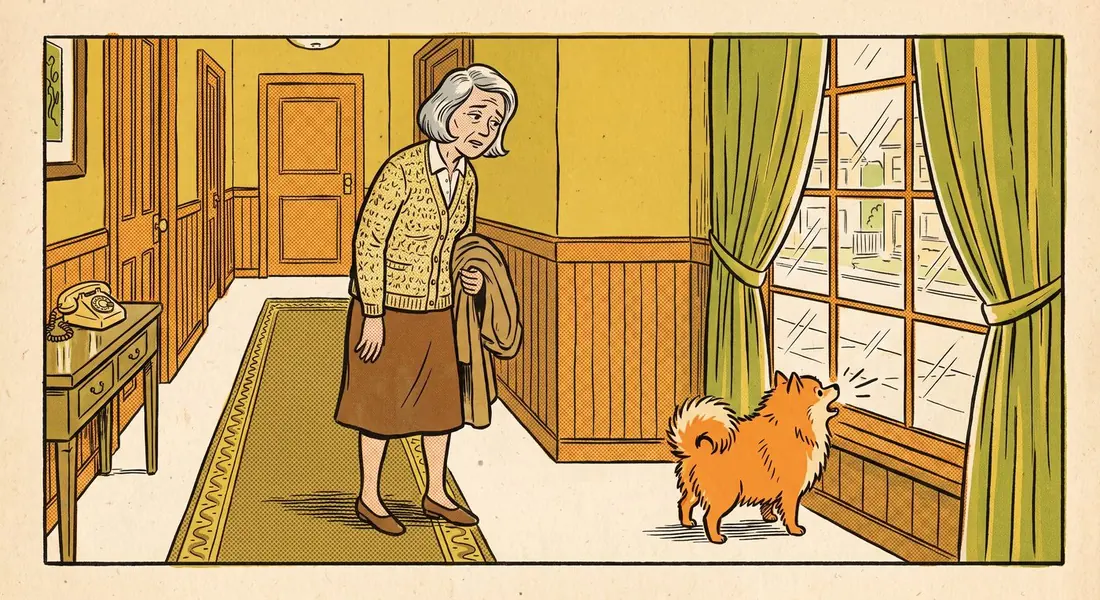 A woman in a hallway looking back at her barking Pomeranian