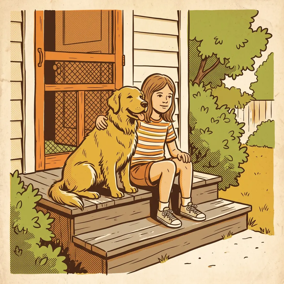 A girl on a porch step with her arm around a calm family dog