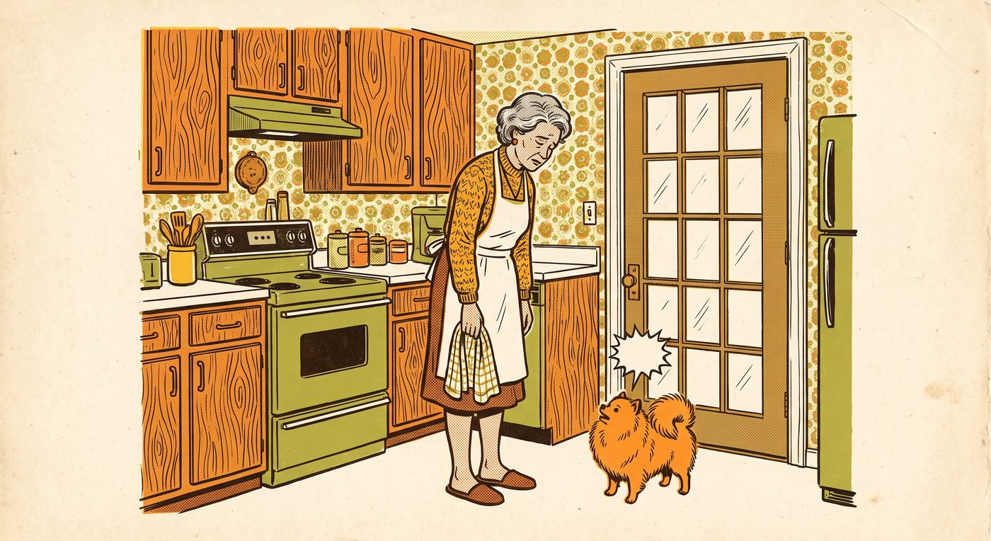 A woman in a 1970s kitchen looking down at a Pomeranian barking at the back door