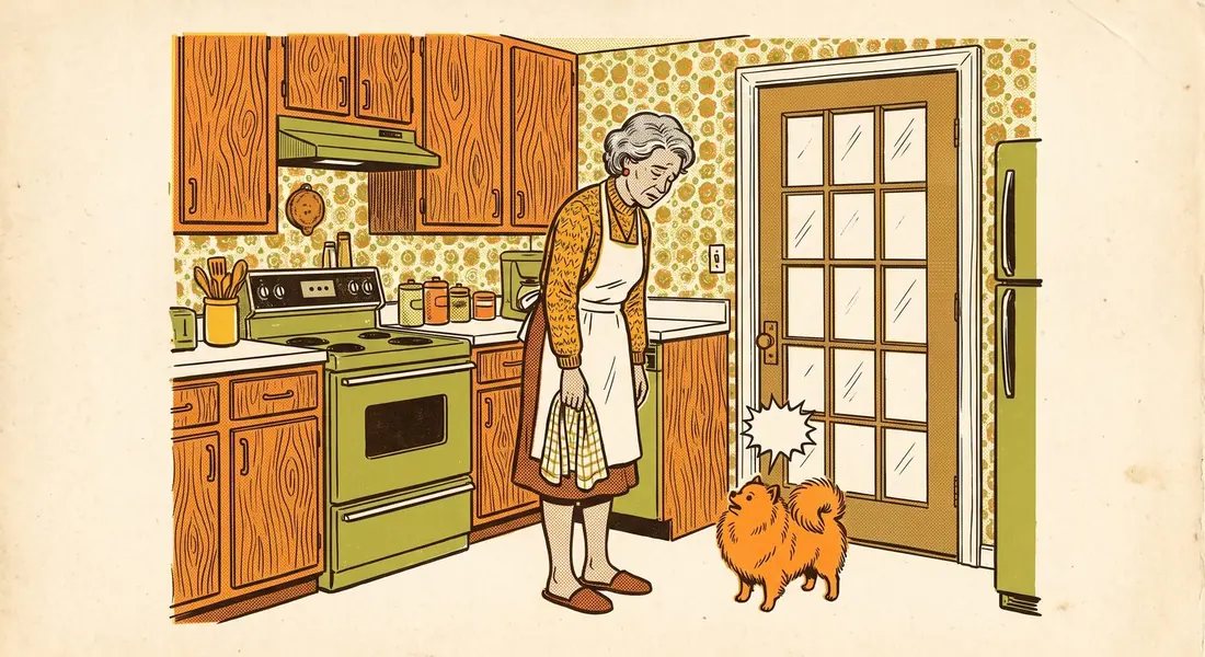 A woman in a 1970s kitchen looking down at a Pomeranian barking at the back door