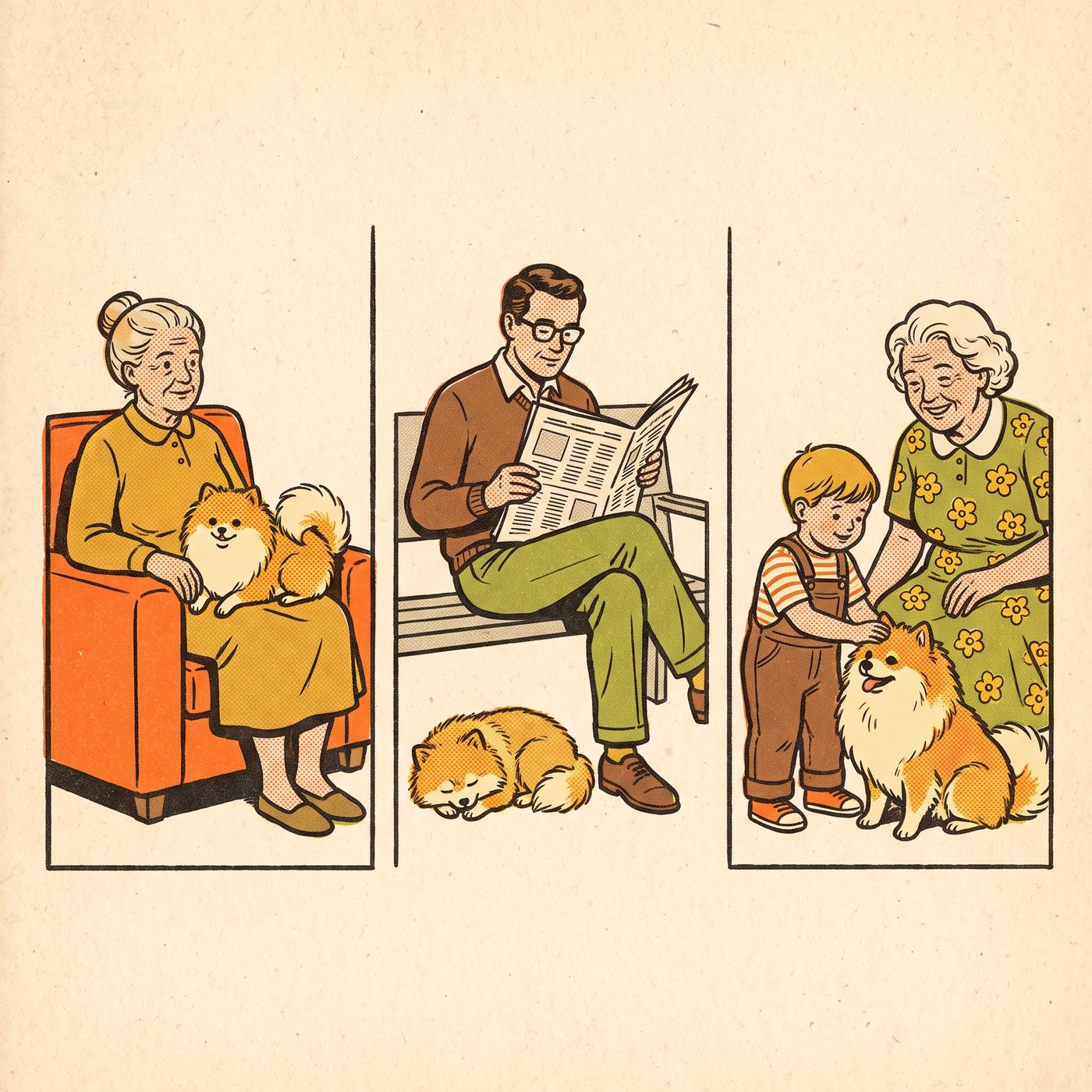 Three owners at home with their settled Pomeranians