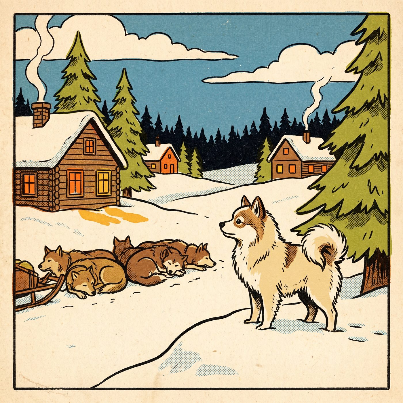 A snowy northern village at dusk with a small spitz dog watching the treeline