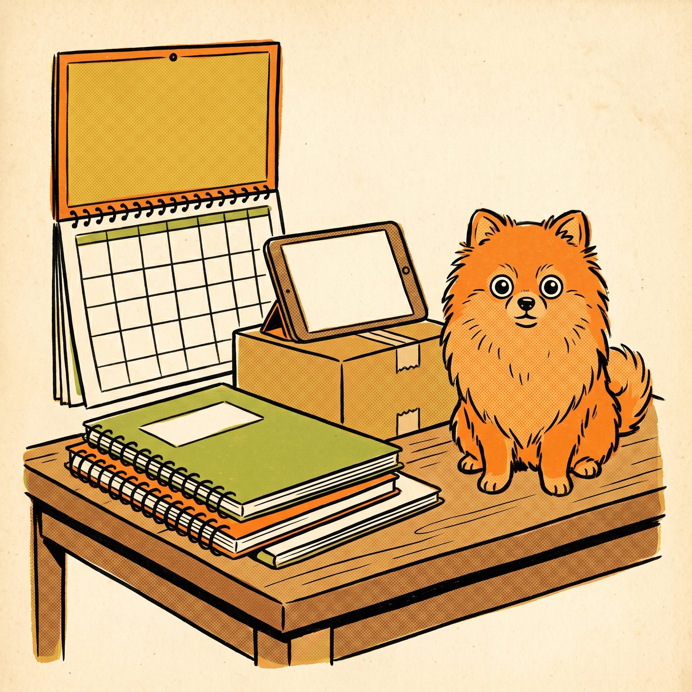 The complete method laid out on a table beside a Pomeranian
