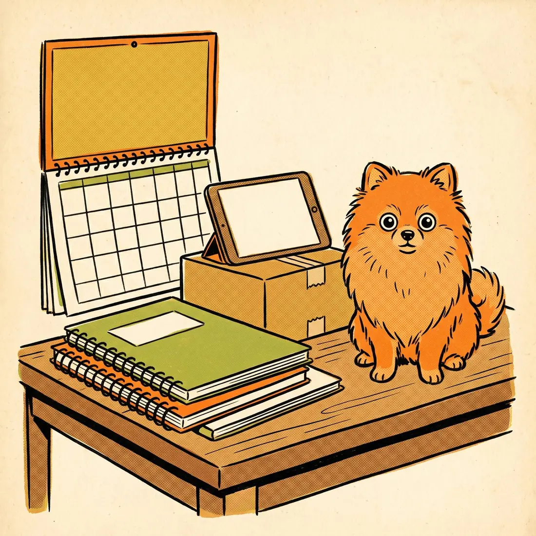 The complete method laid out on a table beside a Pomeranian