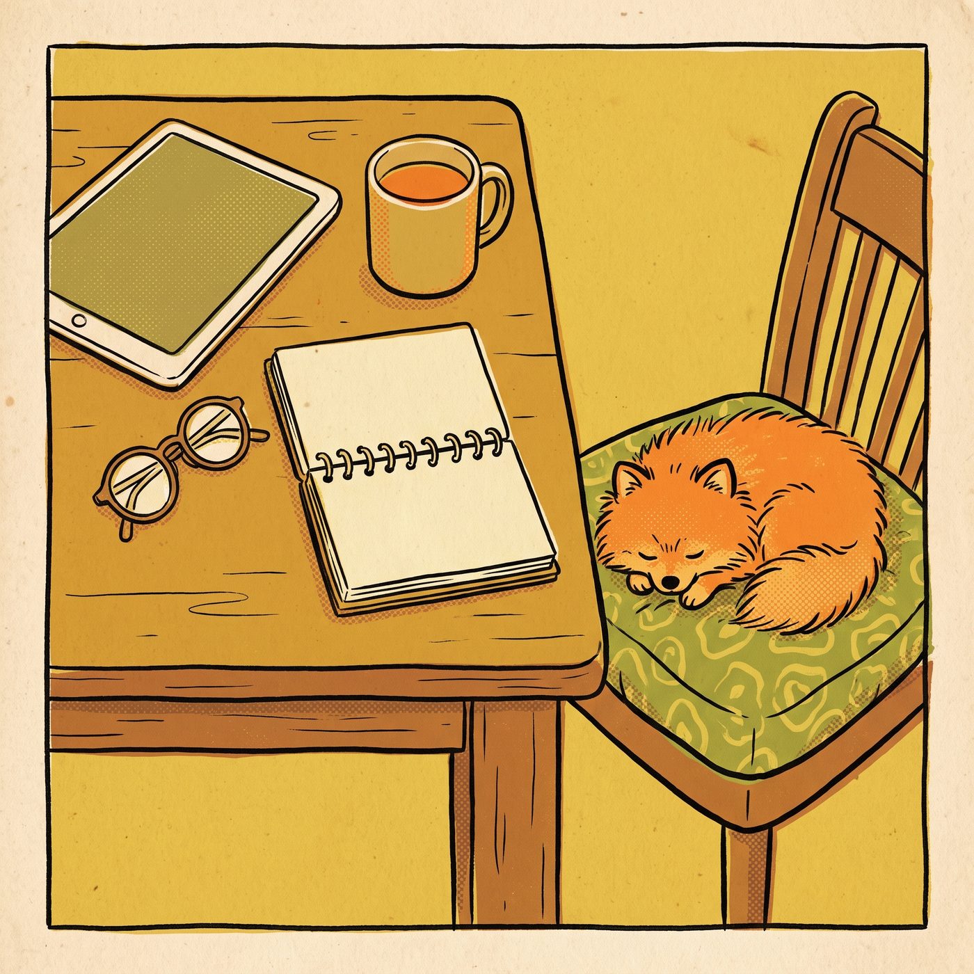 A kitchen table with a tablet showing a lesson and a Pomeranian asleep beside it