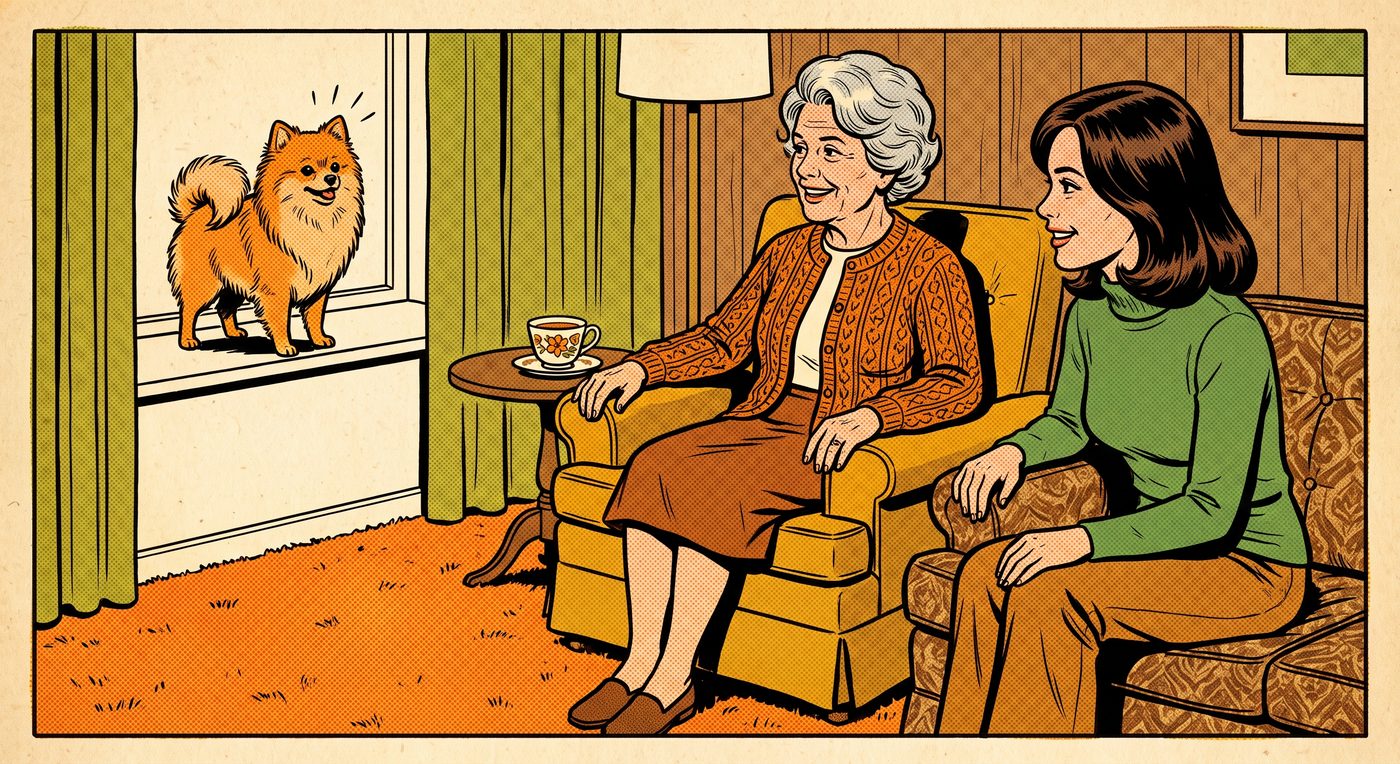 Two women watching a Pomeranian standing alert at a window