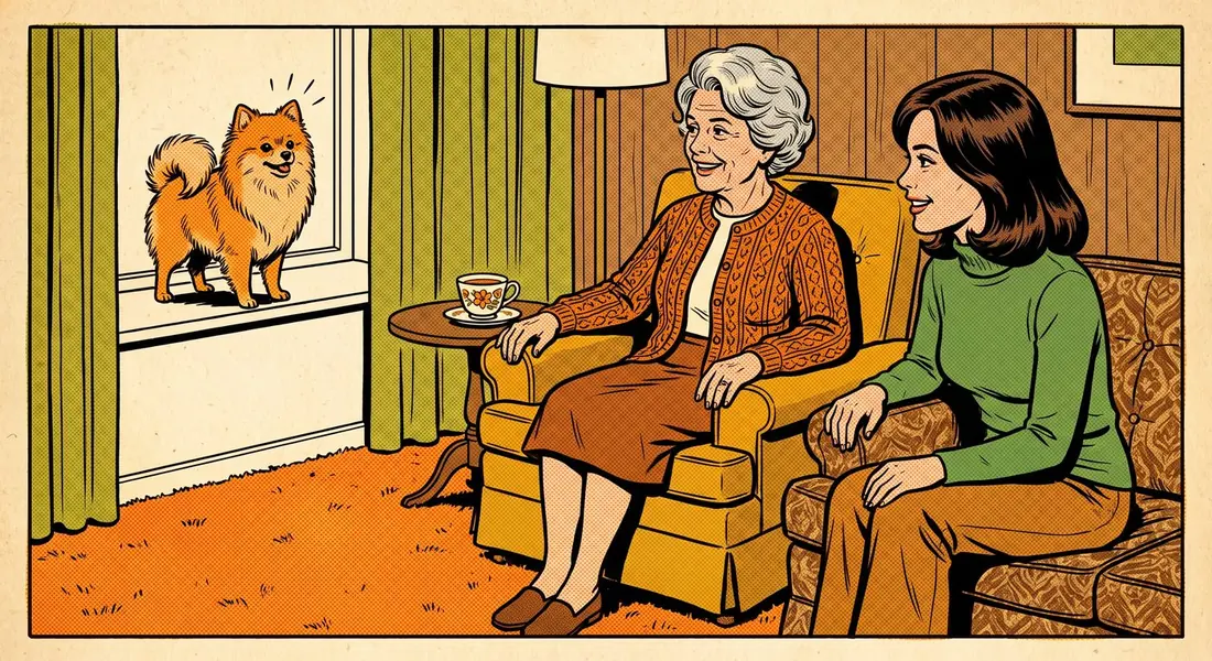Two women watching a Pomeranian standing alert at a window