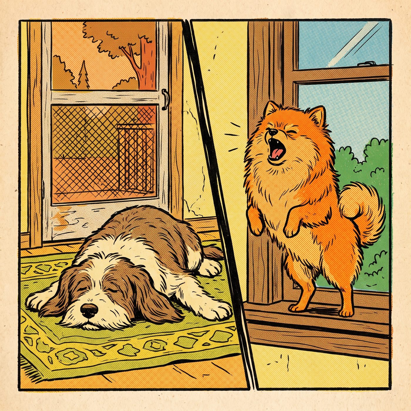 The old family dog lying calm, beside a Pomeranian barking at a window