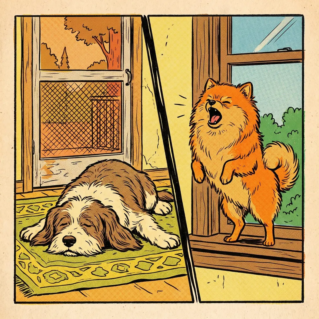 The old family dog lying calm, beside a Pomeranian barking at a window