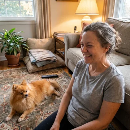 Barbara at home with her Pomeranian