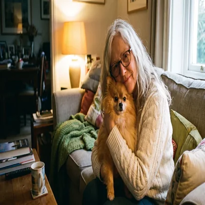 Eleanor at home with her Pomeranian