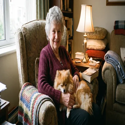 Linda at home with her Pomeranian