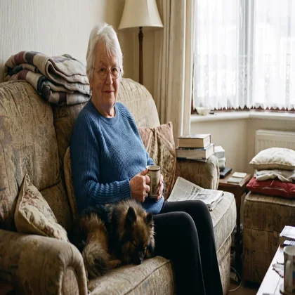 Patricia at home with her Pomeranian